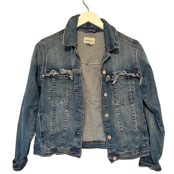 For The Republic Jackets & Blazers - For The Republic Blue Medium Wash Frayed Button Front Denim Jacket Size XS